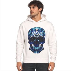 Head or Tail Men Hoodie Small White Blue Rhinestone Skull Embellished Sweatshirt